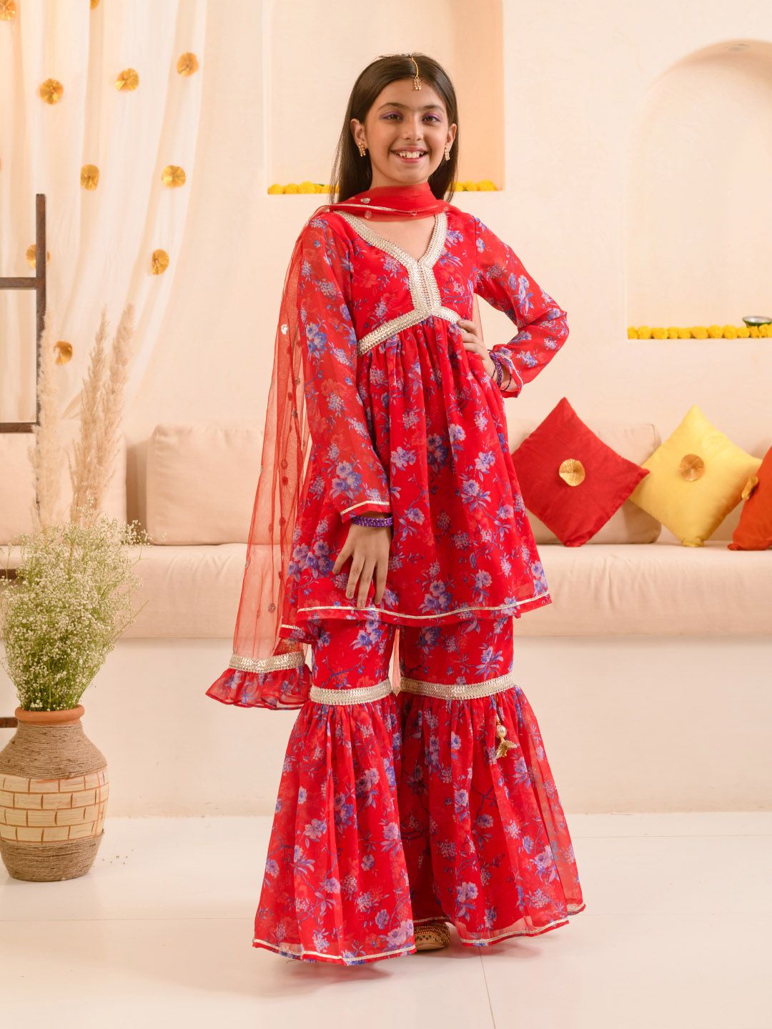 pspeaches Girls Floral Printed Regular A-Line Kurta & Sharara With Dupatta