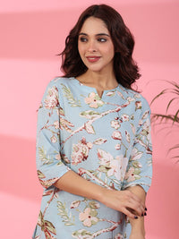 SANSKRUTIHOMES Floral Printed Notched Neck Pure Cotton Kurti With Pyjamas