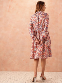 all about you Ethnic Motifs Print Tie-Up Neck Puff Sleeve Fit & Flare Dress