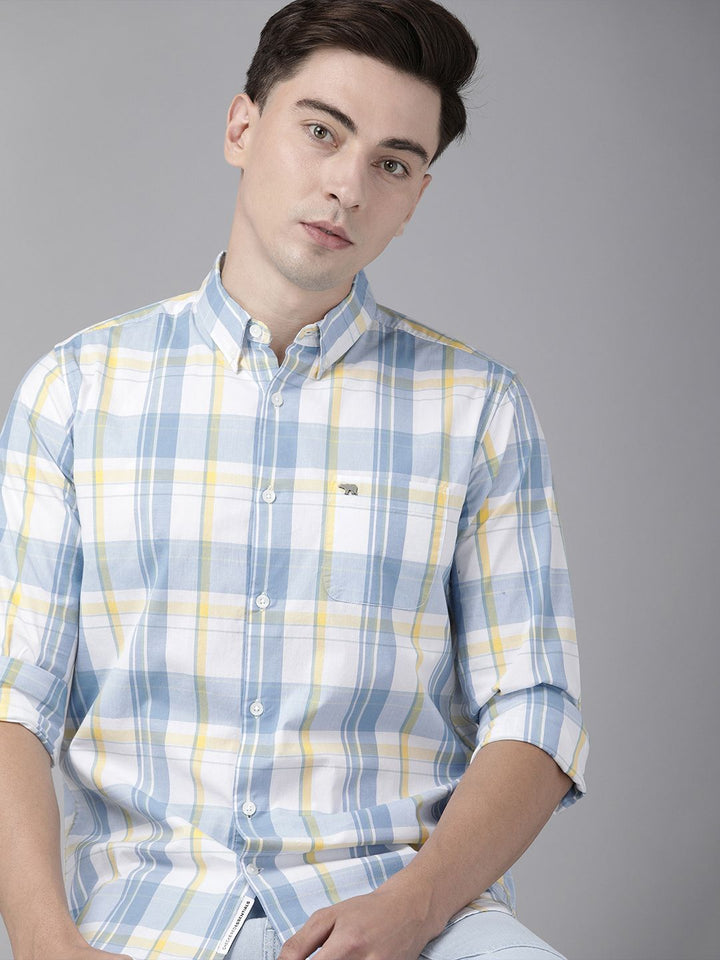 THE BEAR HOUSE Men White & Blue Classic Slim Fit Checked Pure Cotton Casual Shirt