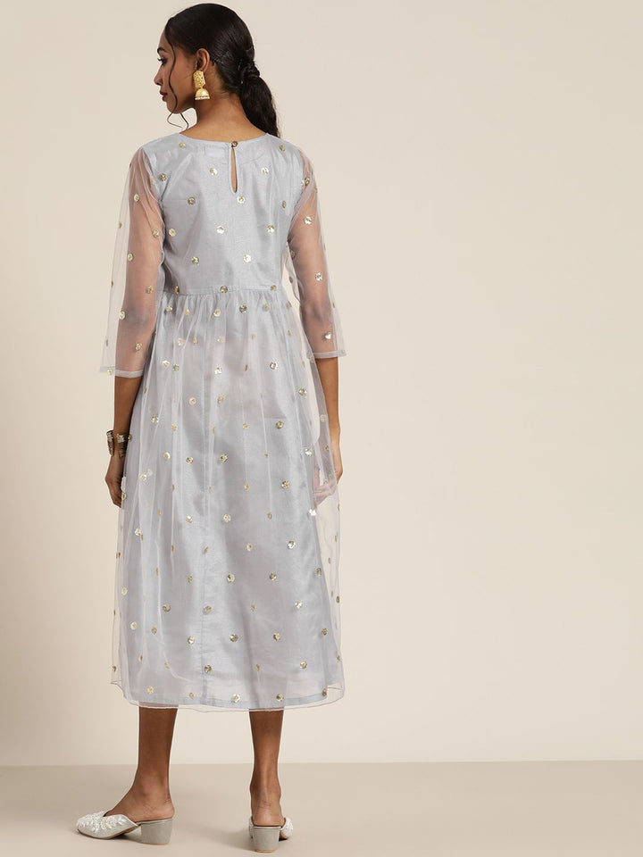 Shae by SASSAFRAS Grey & Gold-Toned Embellished Ethnic A-Line Midi Dress