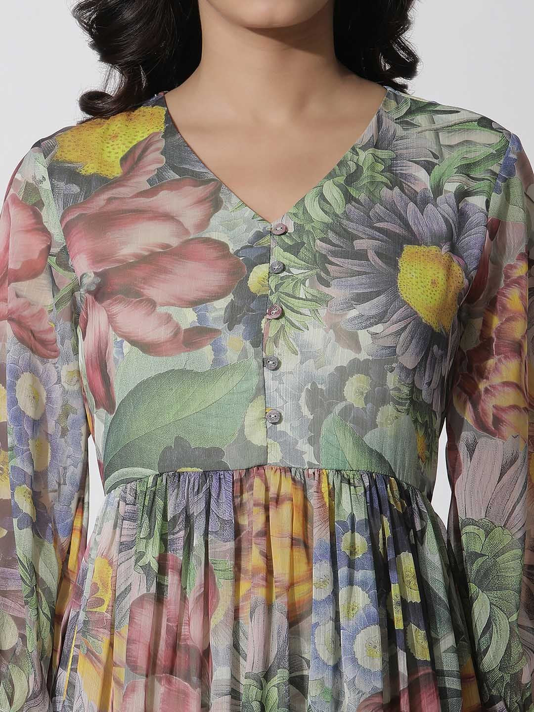 W Floral Print V-Neck Bell Sleeves A-Line Maxi Dress