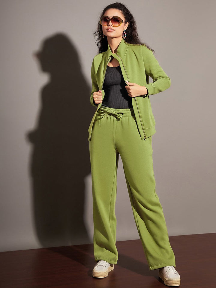 SASSAFRAS Women Olive Relaxed Fit Mid-Rise Fleece Track Pants