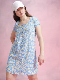 DressBerry Floral Print Square Neck Button-Up A-Line Dress