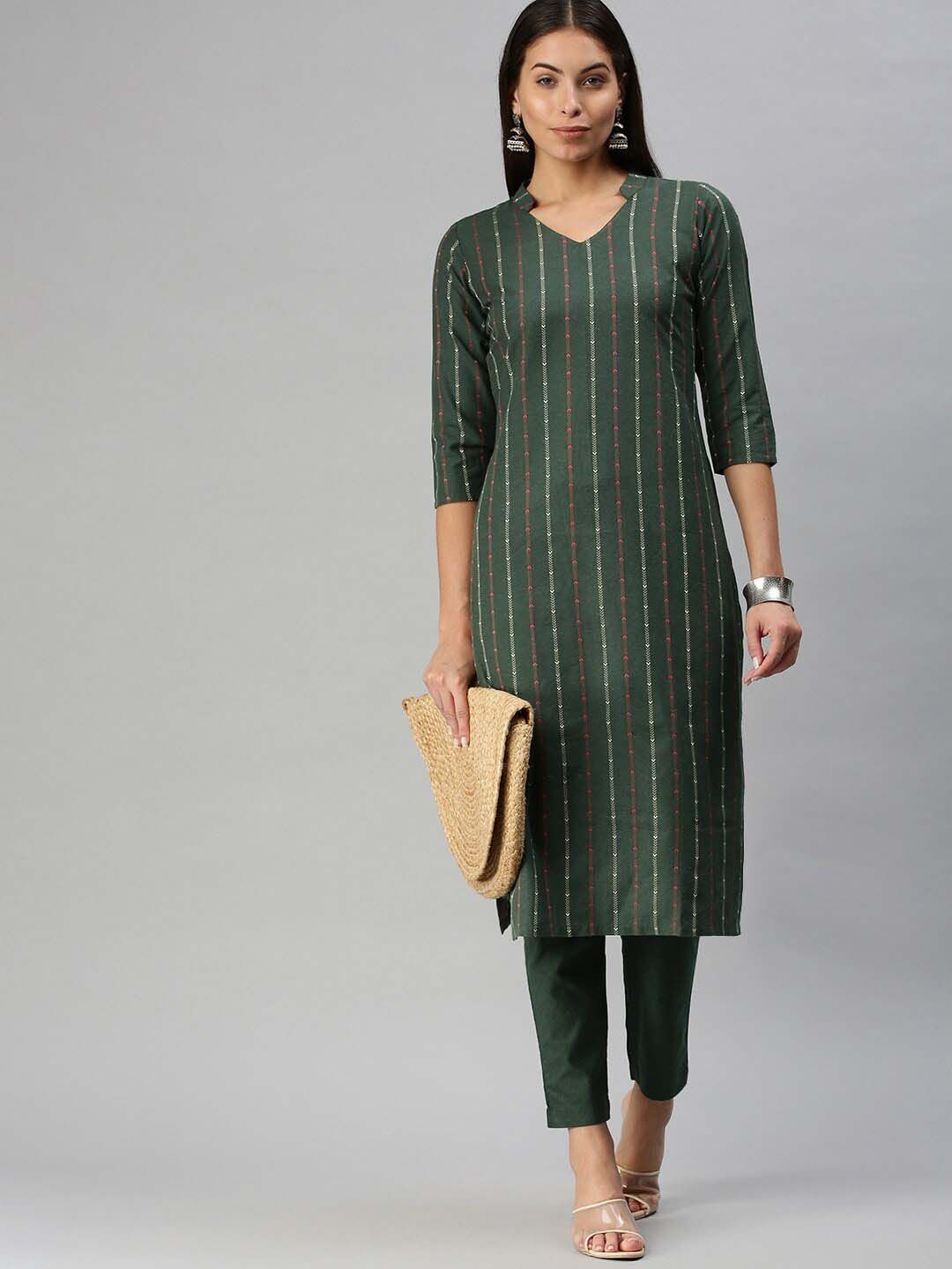 KALINI Mandarin Collar  Woven Design Kurta with Trousers