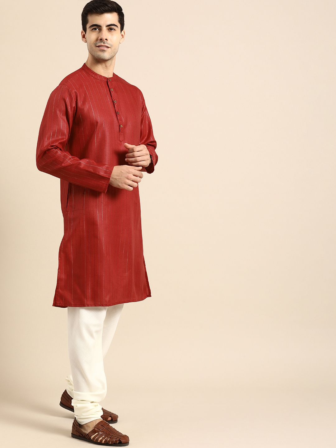 Anouk Men Red & Gold-Coloured Striped Straight Kurta