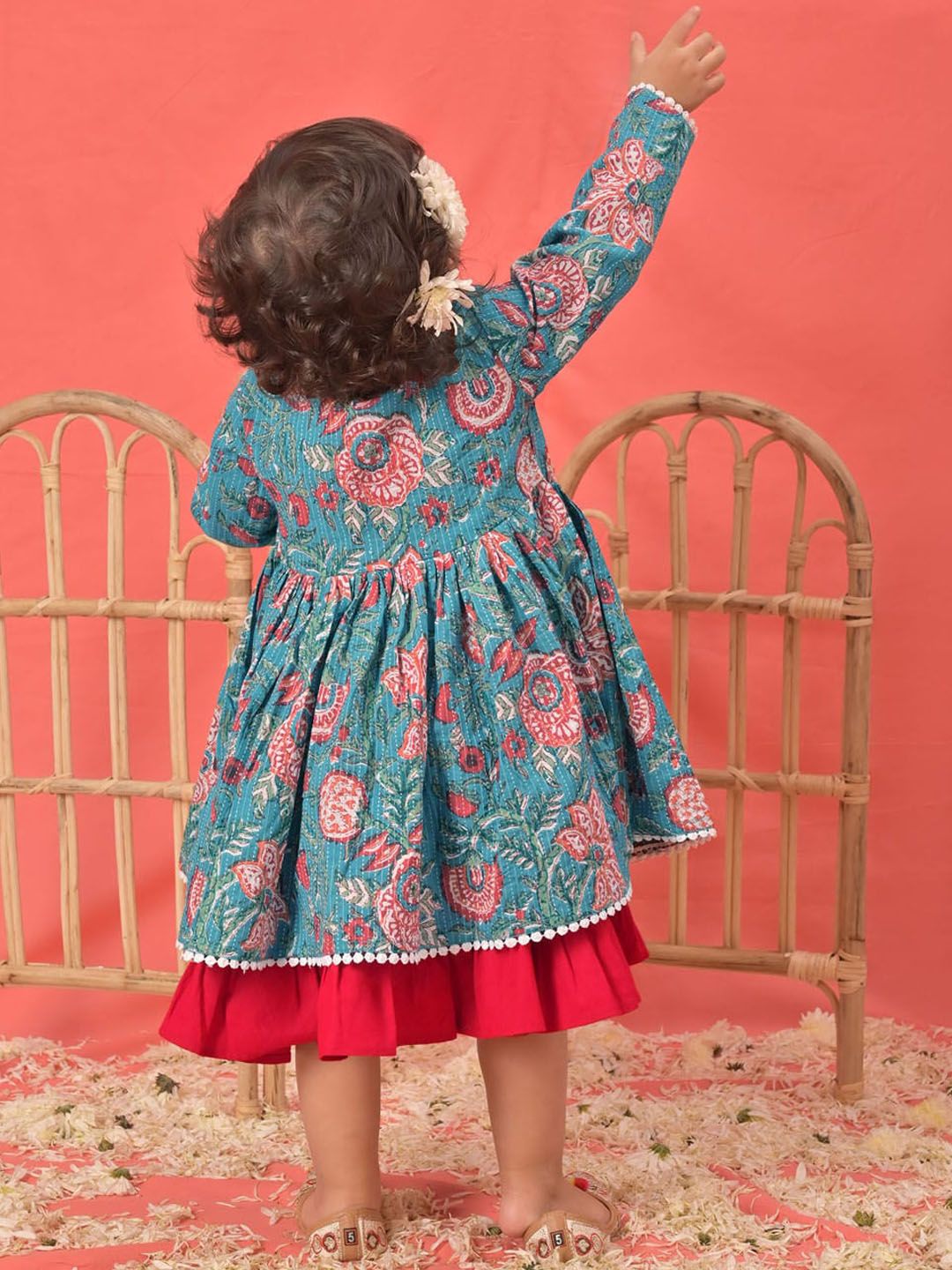 VASTRAMAY Girls Cotton Dress With Printed Jacket