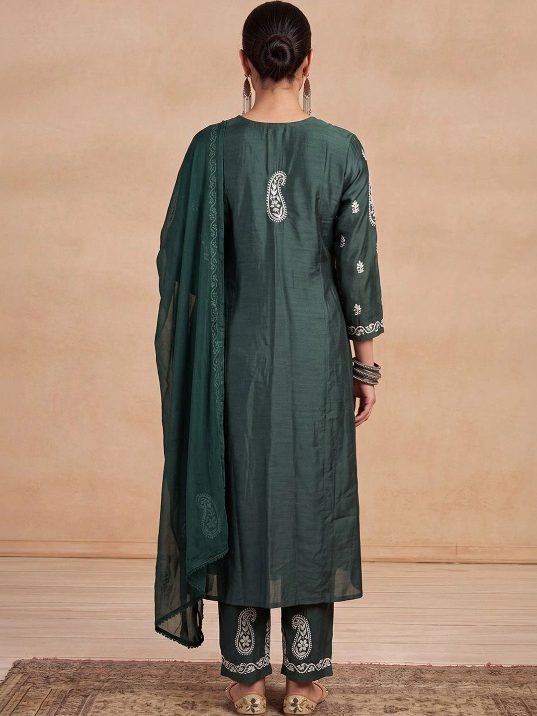 House of Chikankari Women Regular Thread Work Chanderi Silk Kurta with Trousers &