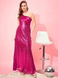 Berrylush Pink Embellished One Shoulder Sequinned Maxi Dress