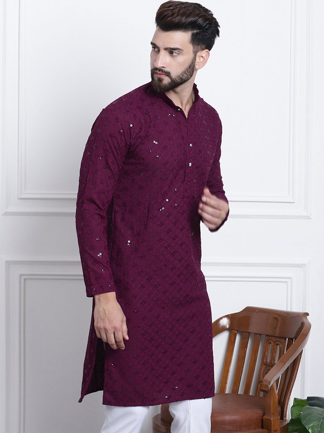 SOJANYA Embellished Mandarin Collar Pure Cotton Kurta