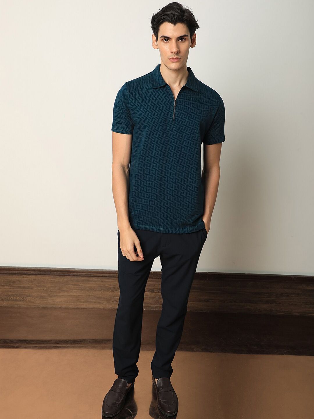 RARE RABBIT Men Cabetta Geometric Printed Polo Collar Cotton Slim Fit T-Shirt