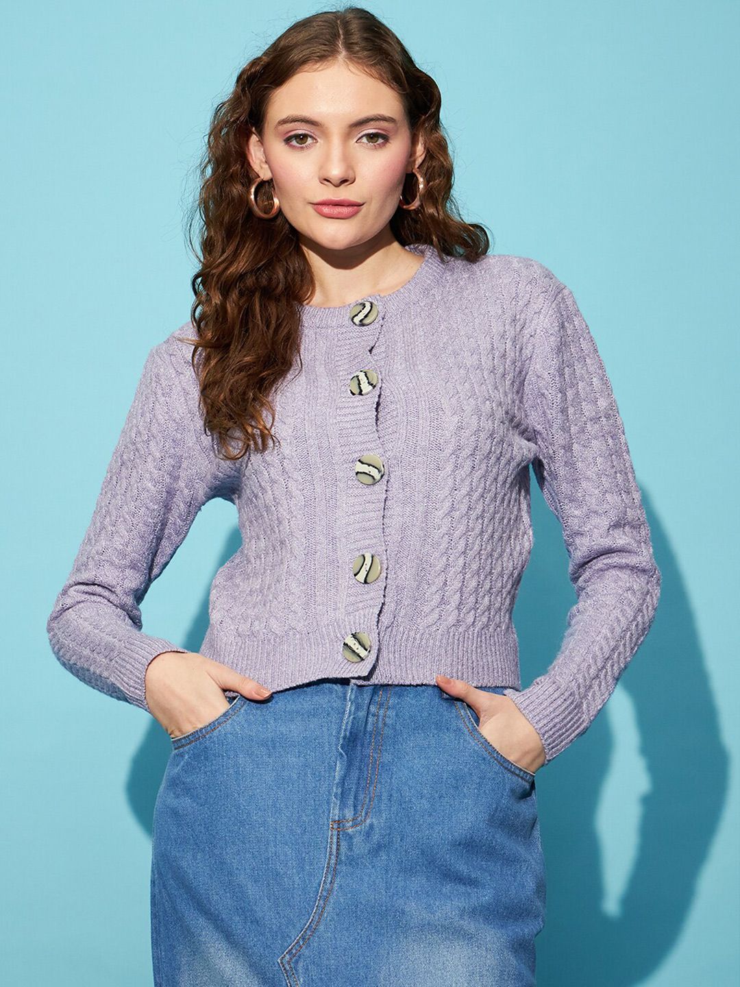 STREET 9 Lavender Self Design Cable Knit Acrylic Cardigan Sweater