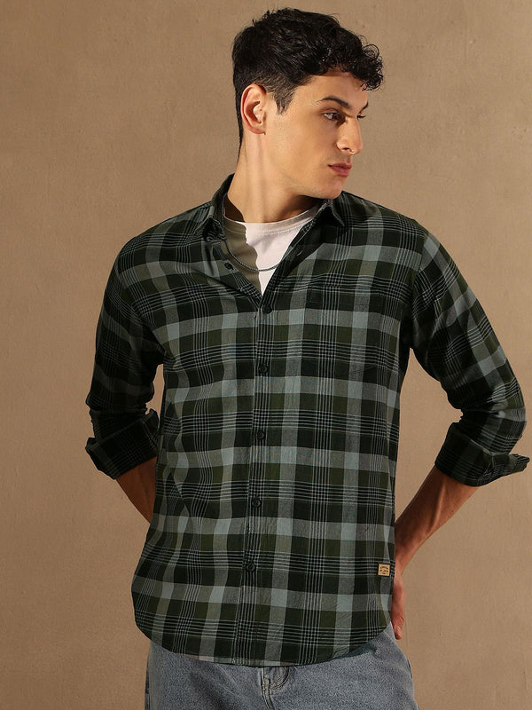 DENNISON Smart Tartan Checked Spread Collar Casual Shirt