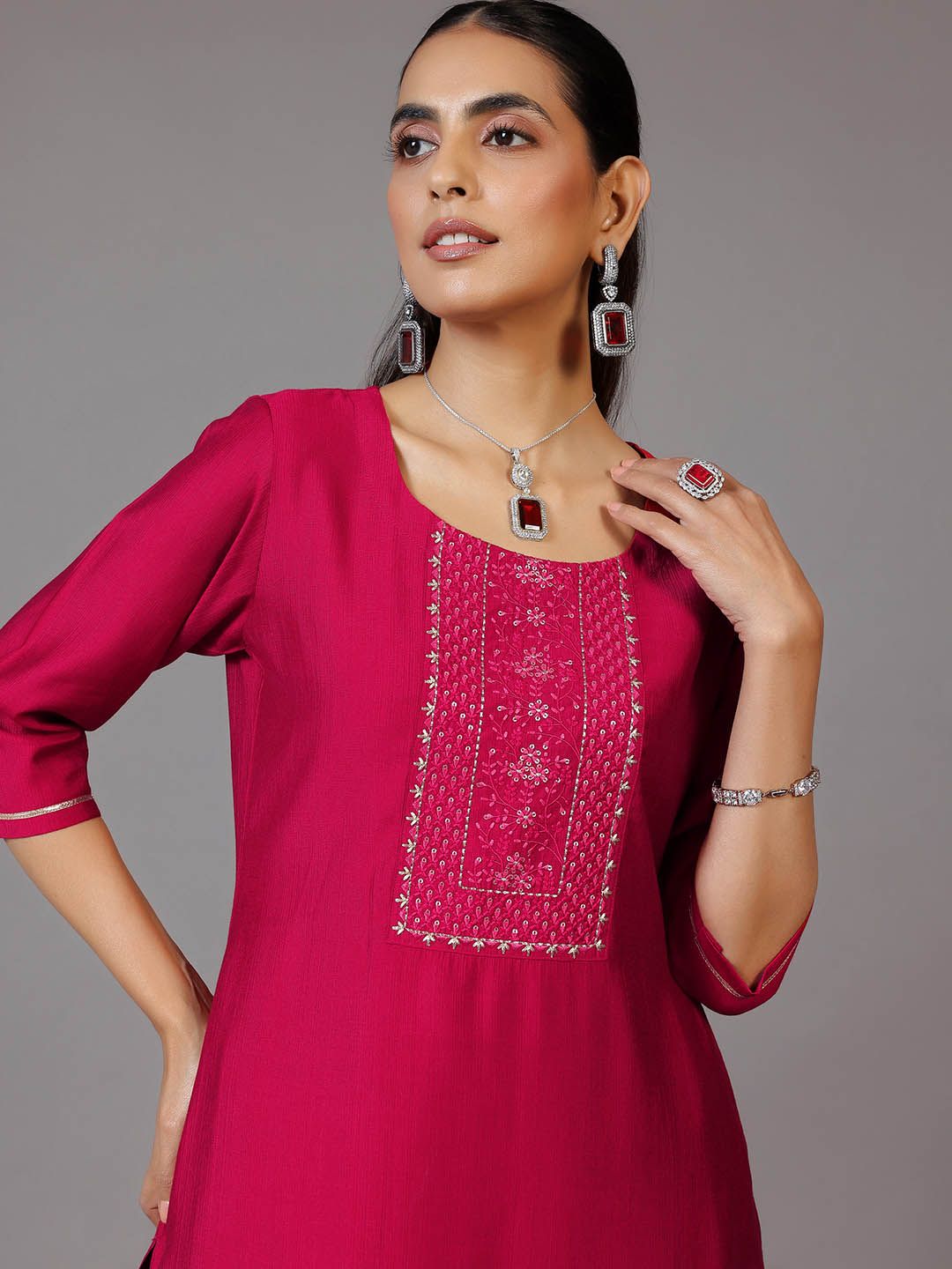 Libas Round Neck Yoke Design Three Quarter Sleeves Thread Work Kurta