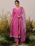 Libas Floral Printed Pleated Pure Cotton Kurta with Trousers & Dupatta