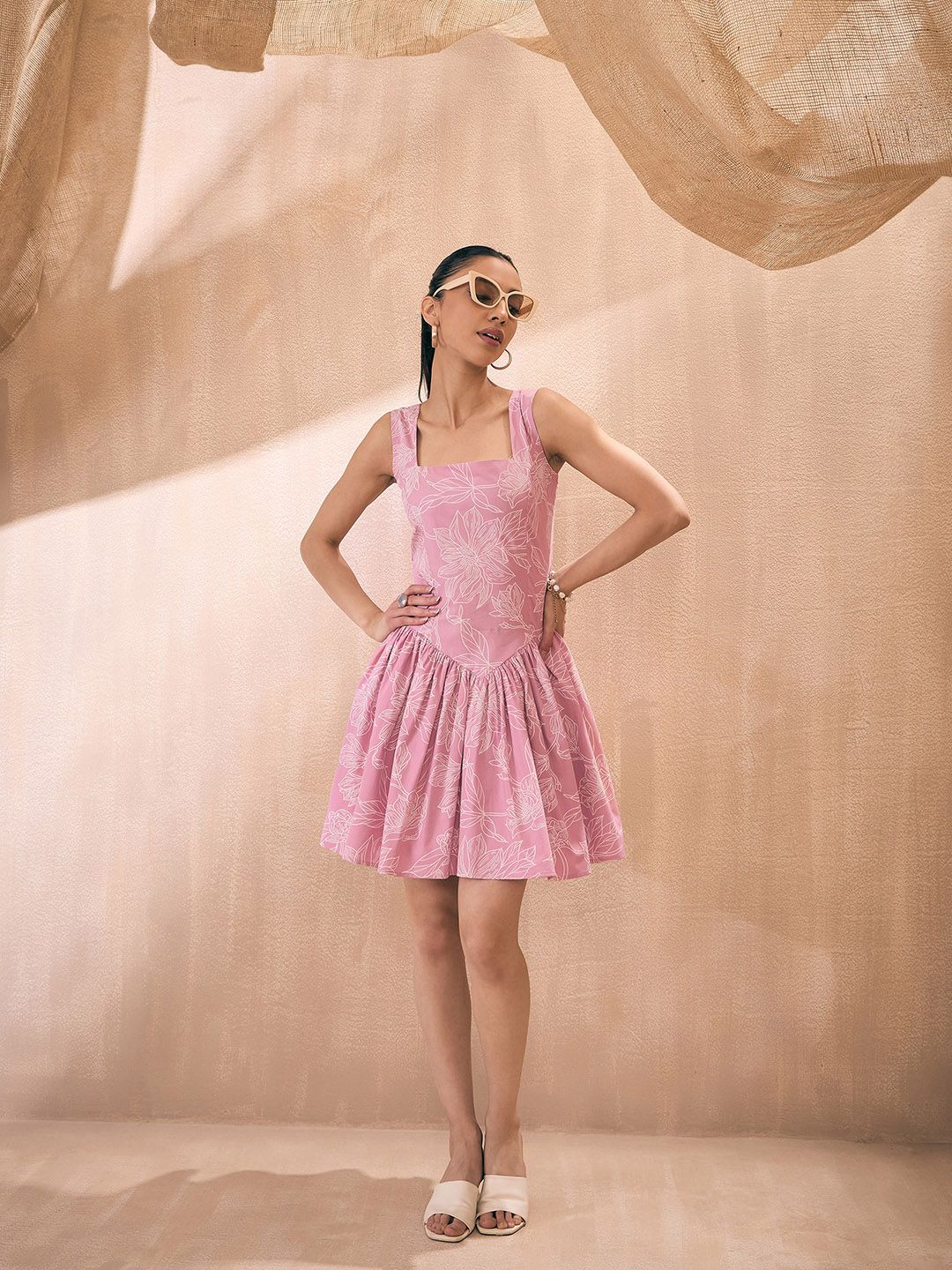 Pink Paprika by SASSAFRAS Pink Floral Printed Sleeveless Cotton Drop Waist Dress