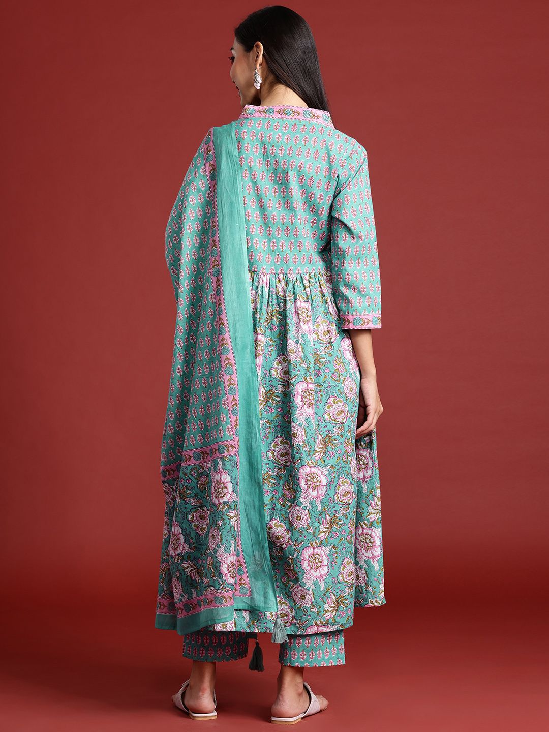 Indo Era Women Floral Printed Empire Sequinned Pure Cotton Kurta With Trousers & Dupatta