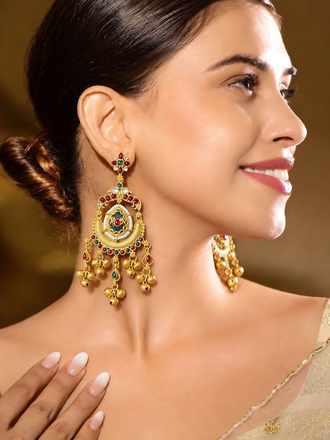 Gold-Toned Multi-Coloured Meenakari Kashmiri Style Kundan Ghungroo Drop Earrings