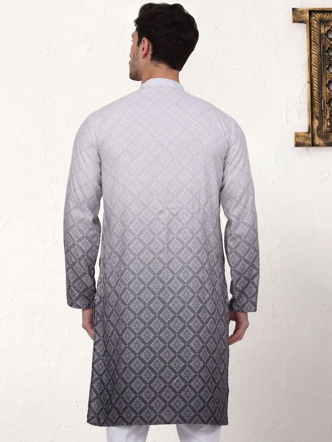 Jompers Ethnic Motifs Printed Mandarin Collar Sequinned Cotton Straight Kurta