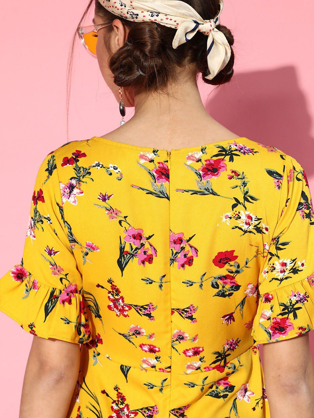 Berrylush Yellow Floral Crepe Dress