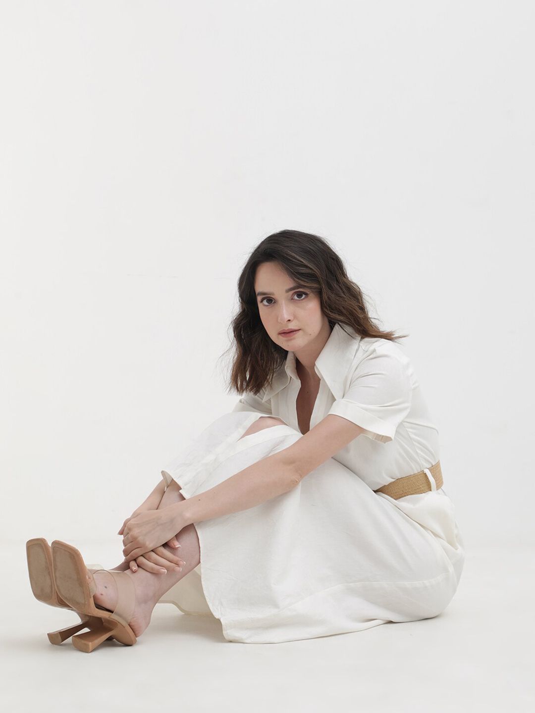 RAREISM Shirt Collar Cotton A-Line Midi Dress