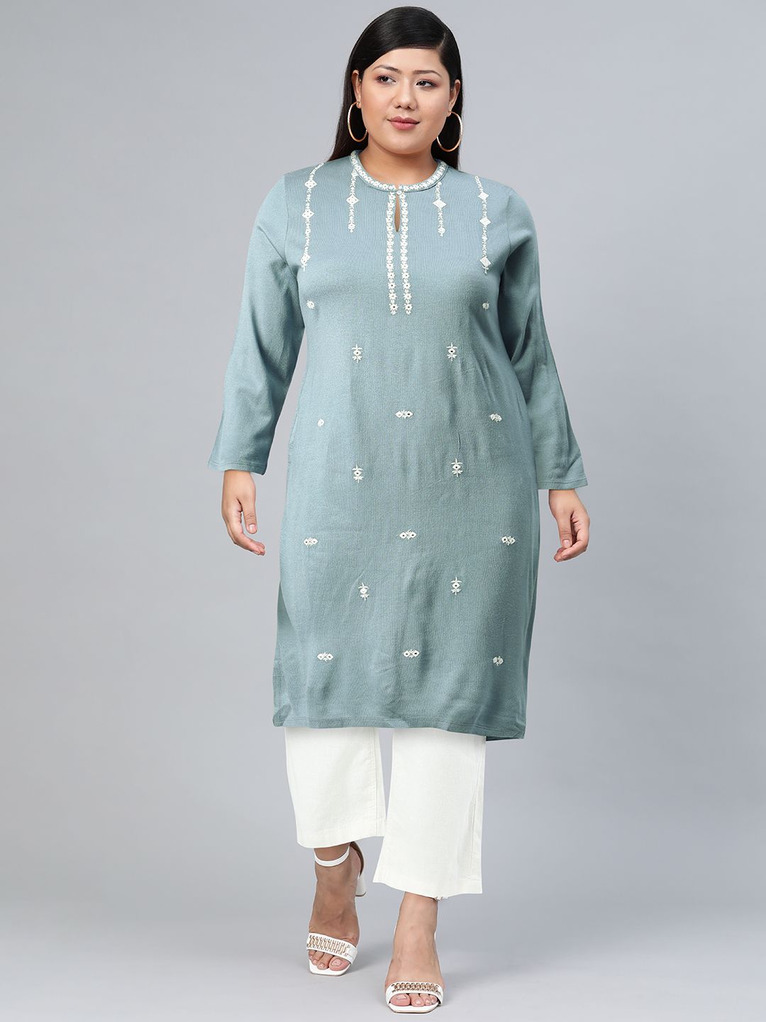 W Women Blue Embroidered Keyhole Neck Regular Sleeves Kurta