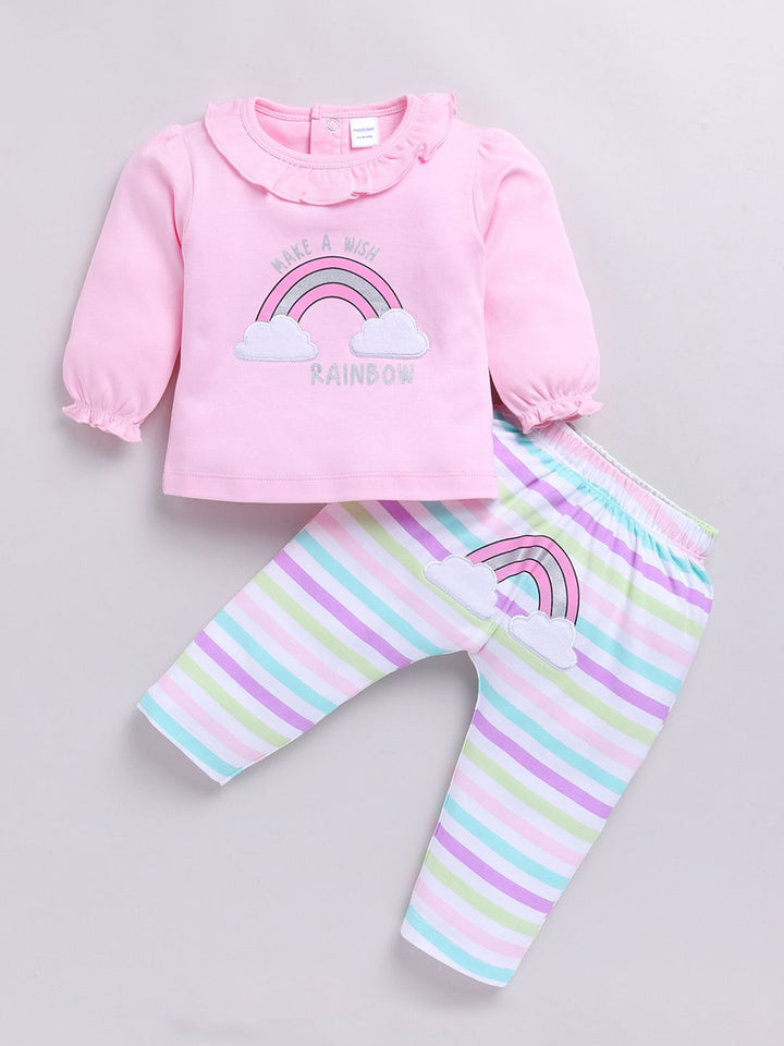 Moms Love Infant Girls Pure Cotton Printed Puffed Sleeves Top with Trousers