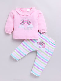 Moms Love Infant Girls Pure Cotton Printed Puffed Sleeves Top with Trousers