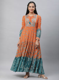 AURELIA Floral Printed Tie-Up Neck Cuffed Sleeves Tiered Detail Georgette Maxi Dress