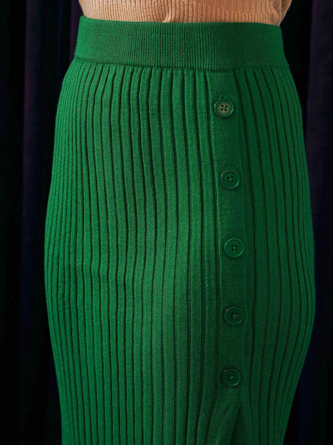 Berrylush Green Ribbed Side-Slit Pencil Midi Skirt