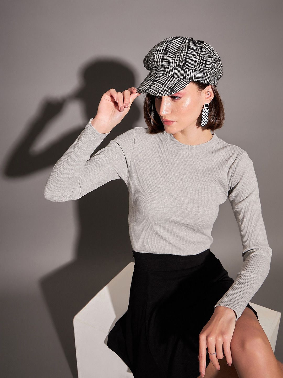 SASSAFRAS Grey Long Sleeves High Neck Fitted Top