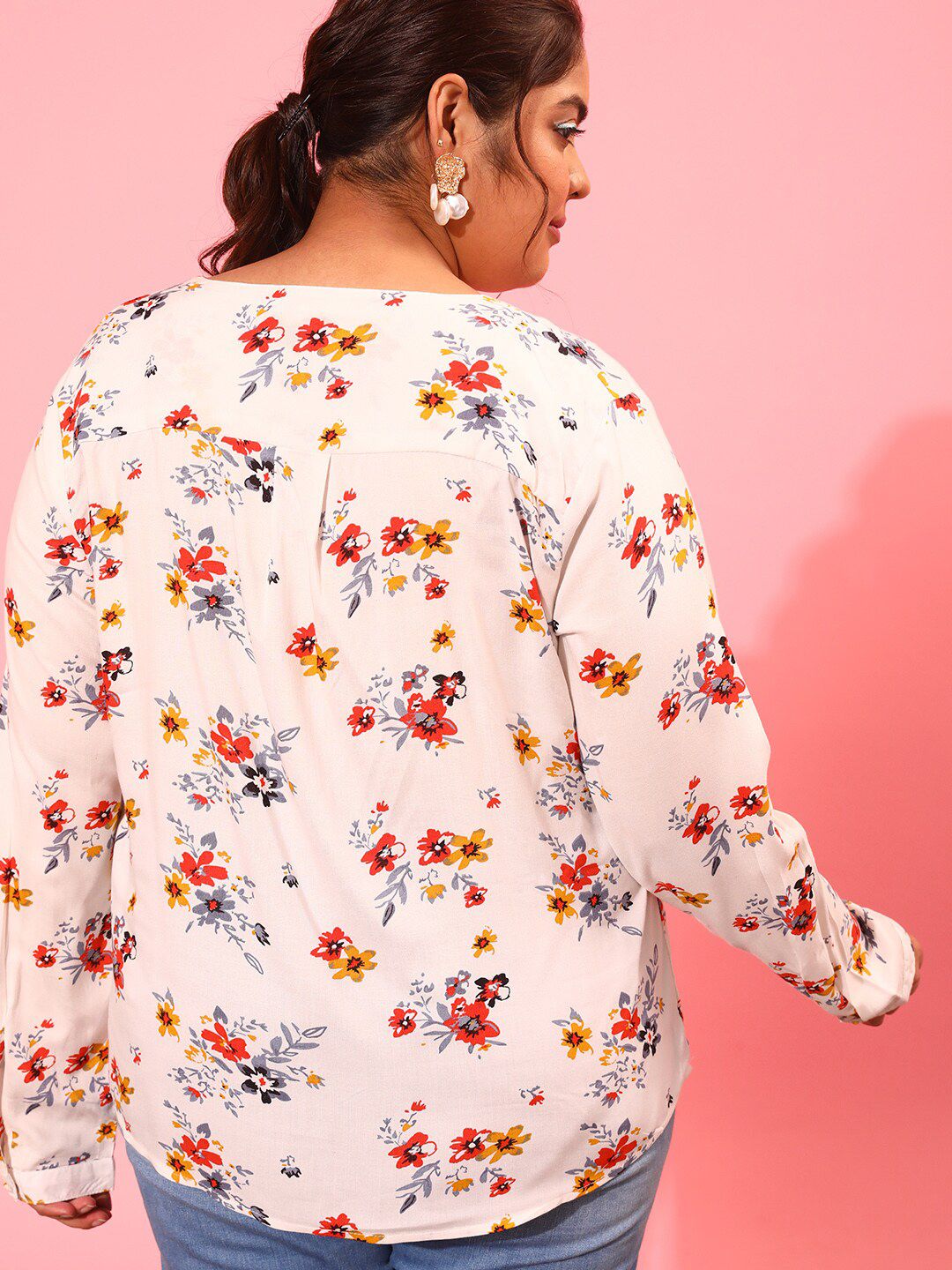 CURVY STREET Floral Print Cuff Sleeves Top