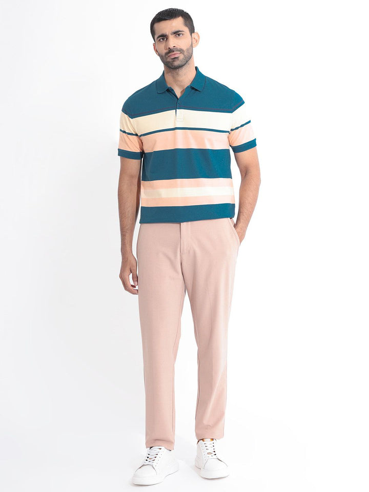 RARE RABBIT Men Albans Striped Polo Collar Slim Fit Cotton T-Shirt