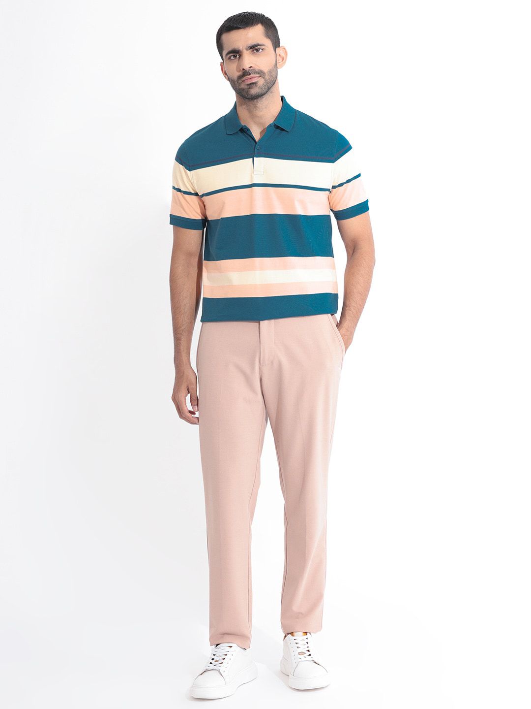 RARE RABBIT Men Albans Striped Polo Collar Slim Fit Cotton T-Shirt