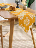 URBAN SPACE Mustard-Yellow & White Ethnic Motif Printed 6-Seater Pure Cotton Table Runners