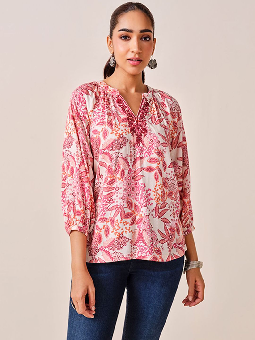 Global Desi Floral Printed Mandarin Collar Top