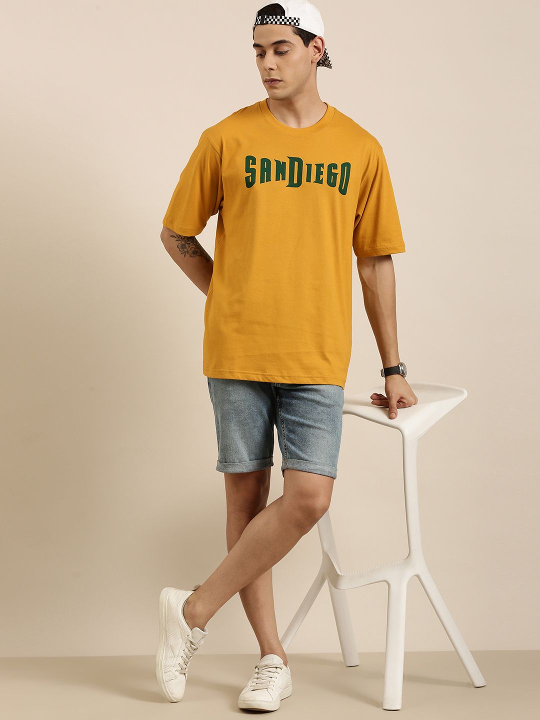 DILLINGER Men Mustard Yellow Typography Printed Pure Cotton Oversized  T-shirt