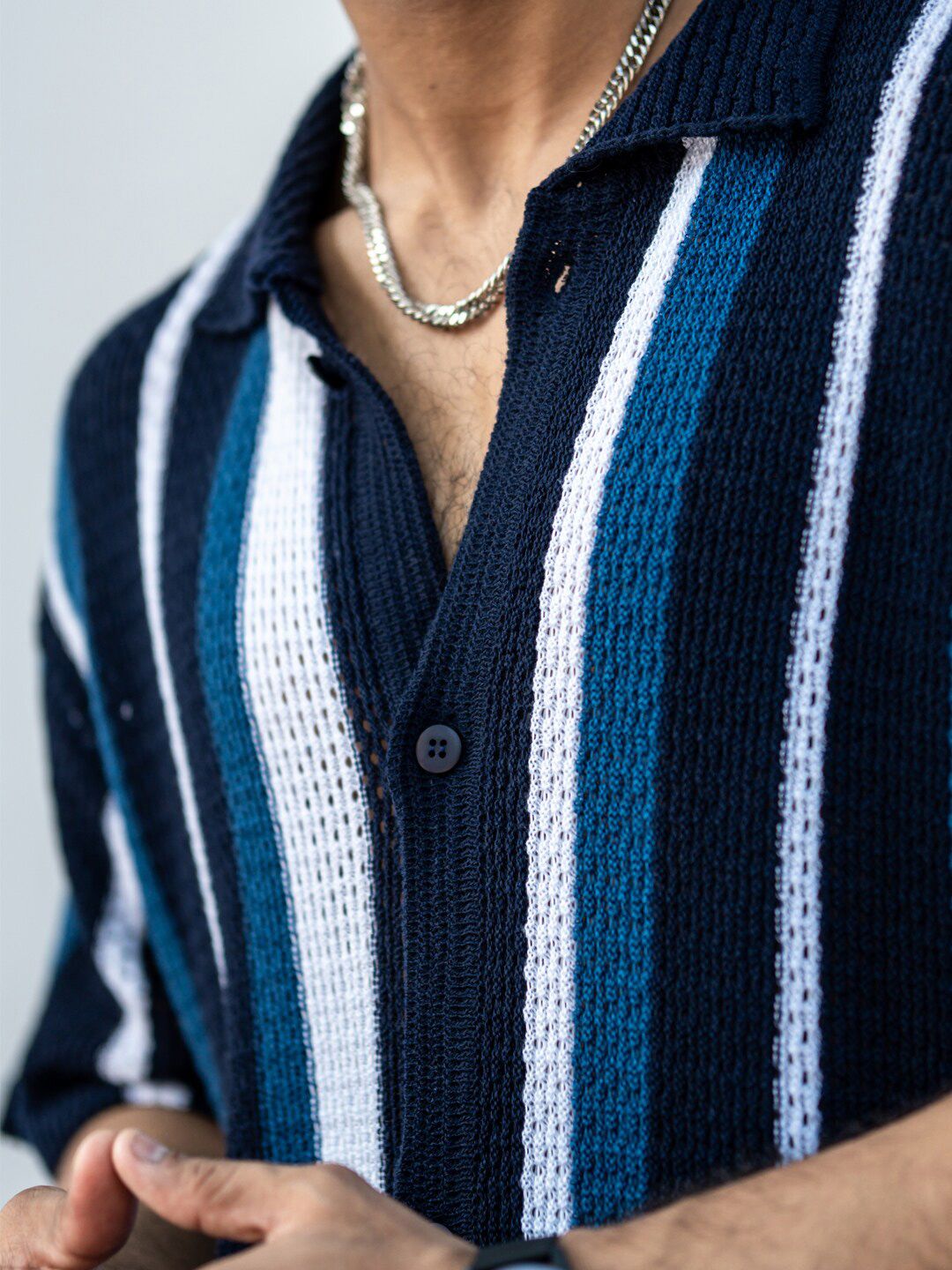 PowerlookIndia Slim Striped Oversized Casual Crochet Shirt