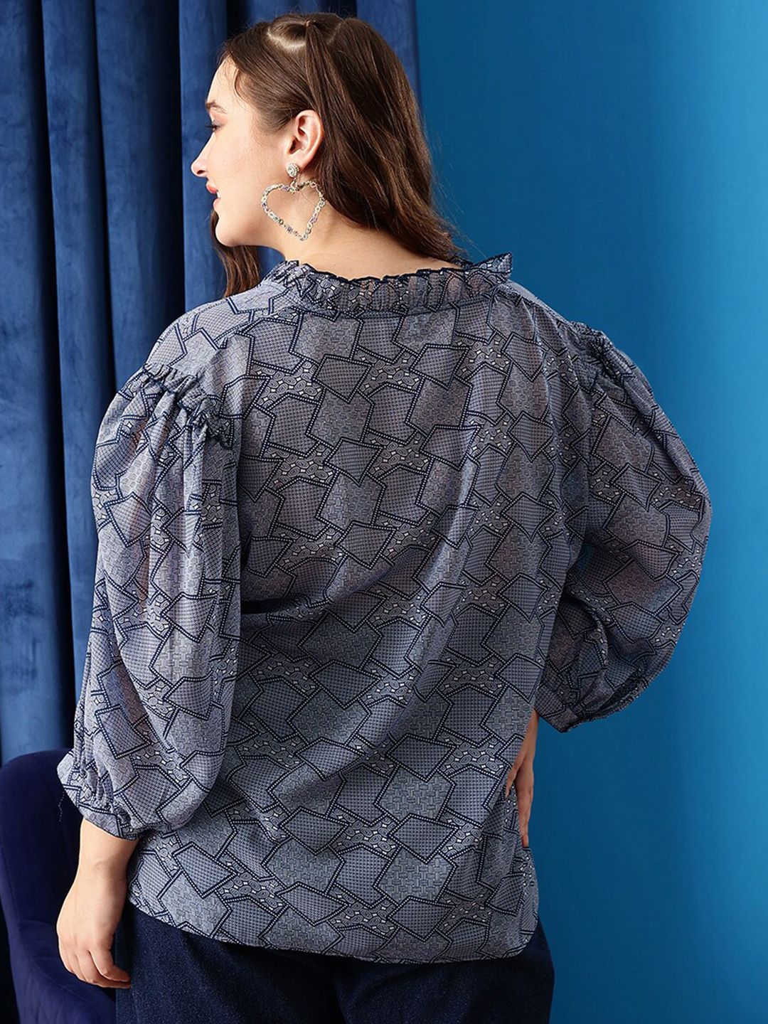 CURVY STREET Plus Size Lavender Geometric Printed Ruffles Shirt Style Top