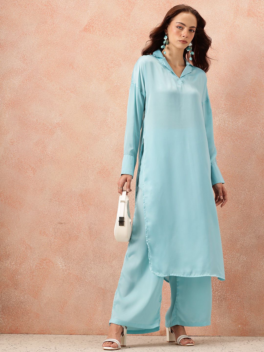 all about you Notched Lapel Collar Drop-Sleeves Satin Straight Kurta with Palazzos