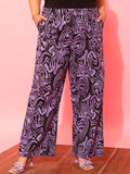 CURVY STREET Women Plus Size Lavender Printed Relaxed Straight Leg Pure Cotton Trousers