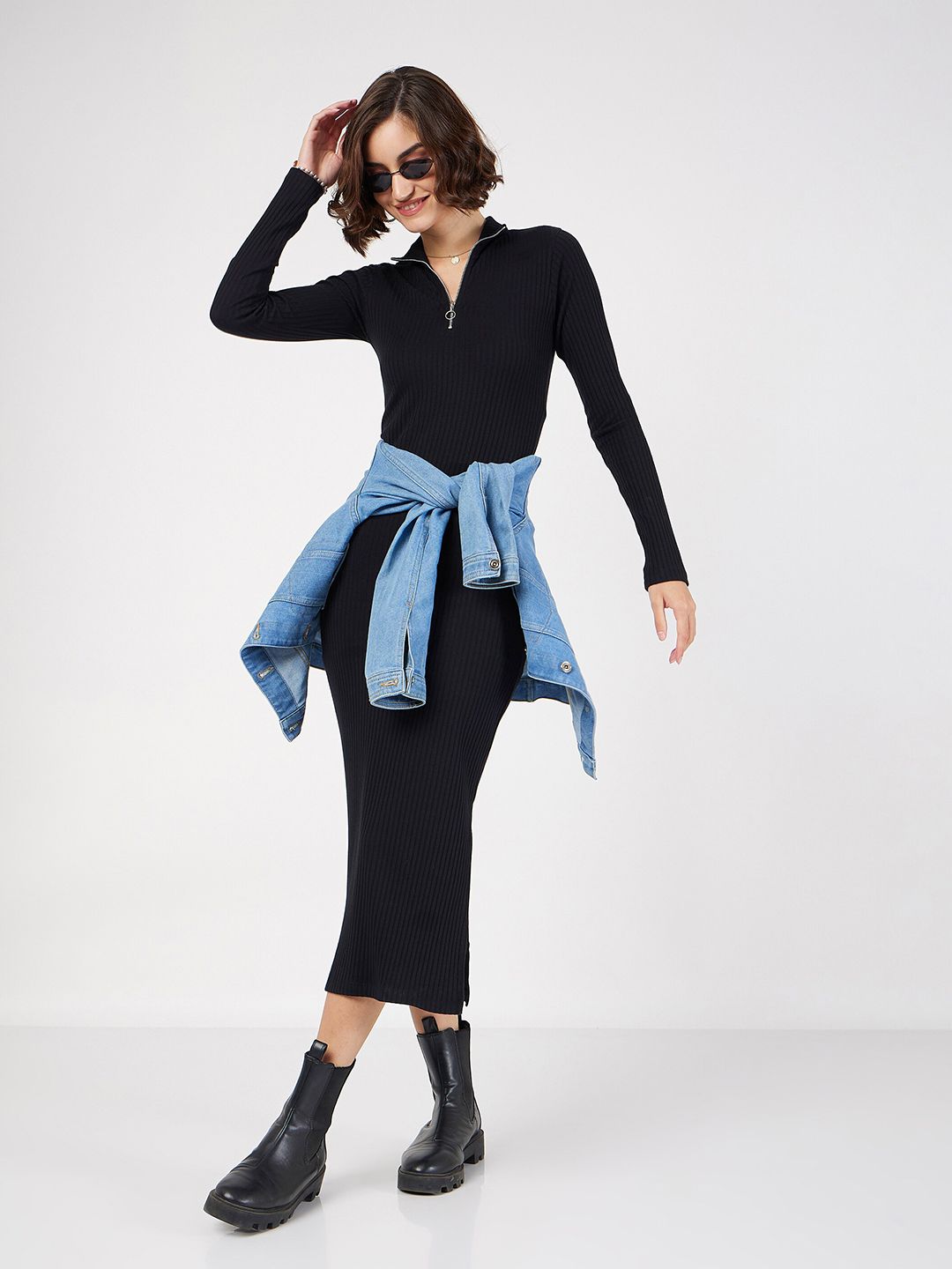 SASSAFRAS Black Ribbed Bodycon Midi Dress