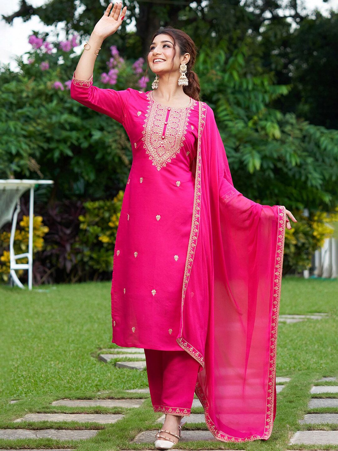 Indo Era Floral Embroidered Thread Work Kurta with Trousers & Dupatta