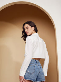 Berrylush White Spread Collar Casual Crop Shirt