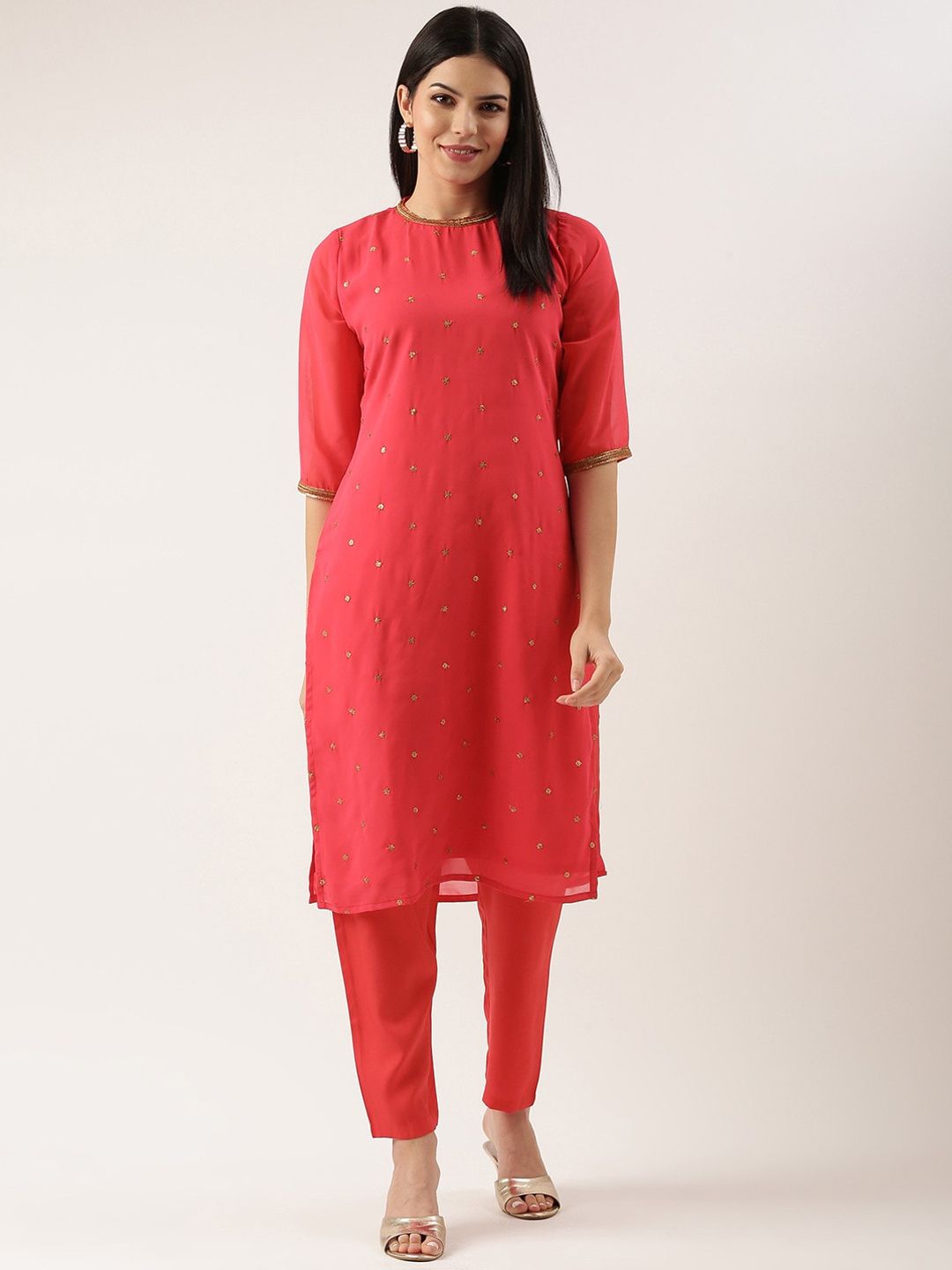 KALINI Round Neck Ethnic Motifs Regular Sequinned Kurta with Trousers