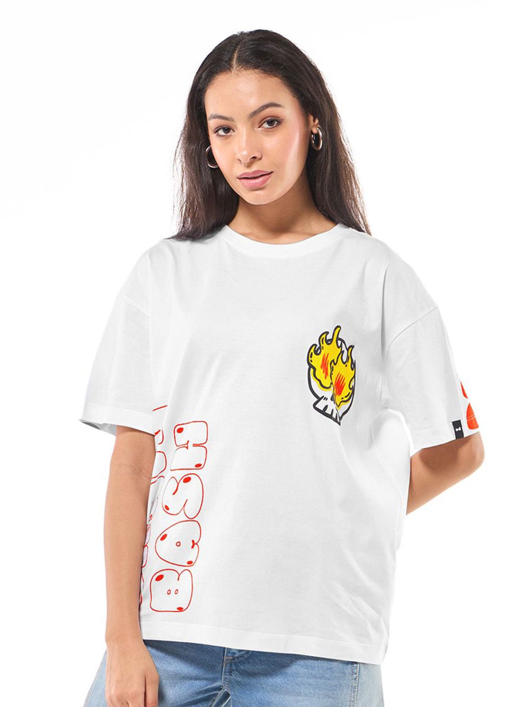 Bewakoof Women Graphic Printed Round Neck Pure Cotton Oversized T-shirt