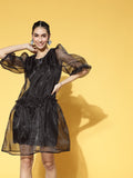 Athena Women Stylish Black Solid Volume Play Dress