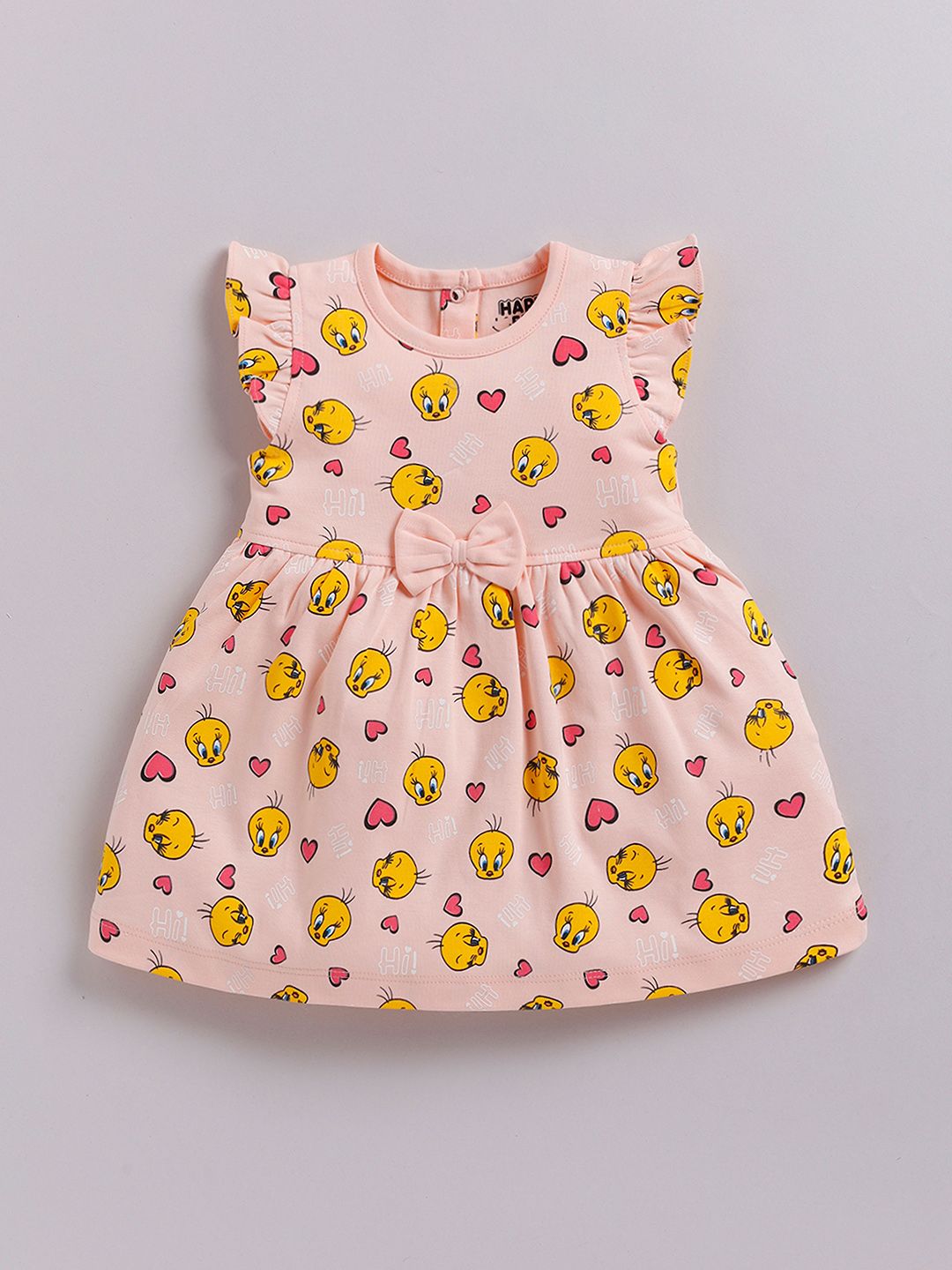 Happy Faces Girls Cotton Printed Flutter Sleeve Fit & Flare Dress