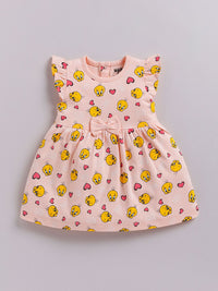 Happy Faces Girls Cotton Printed Flutter Sleeve Fit & Flare Dress