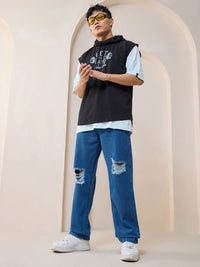 Bewakoof Men's Blue Straight Fit Distressed Mid-Rise Jeans